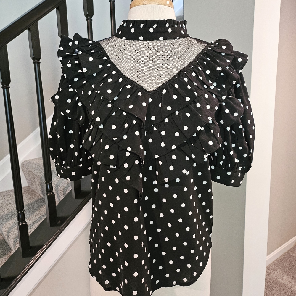 G by Gracia Black Polka Dot Top w/Elegant Ruffle Details (Size M)